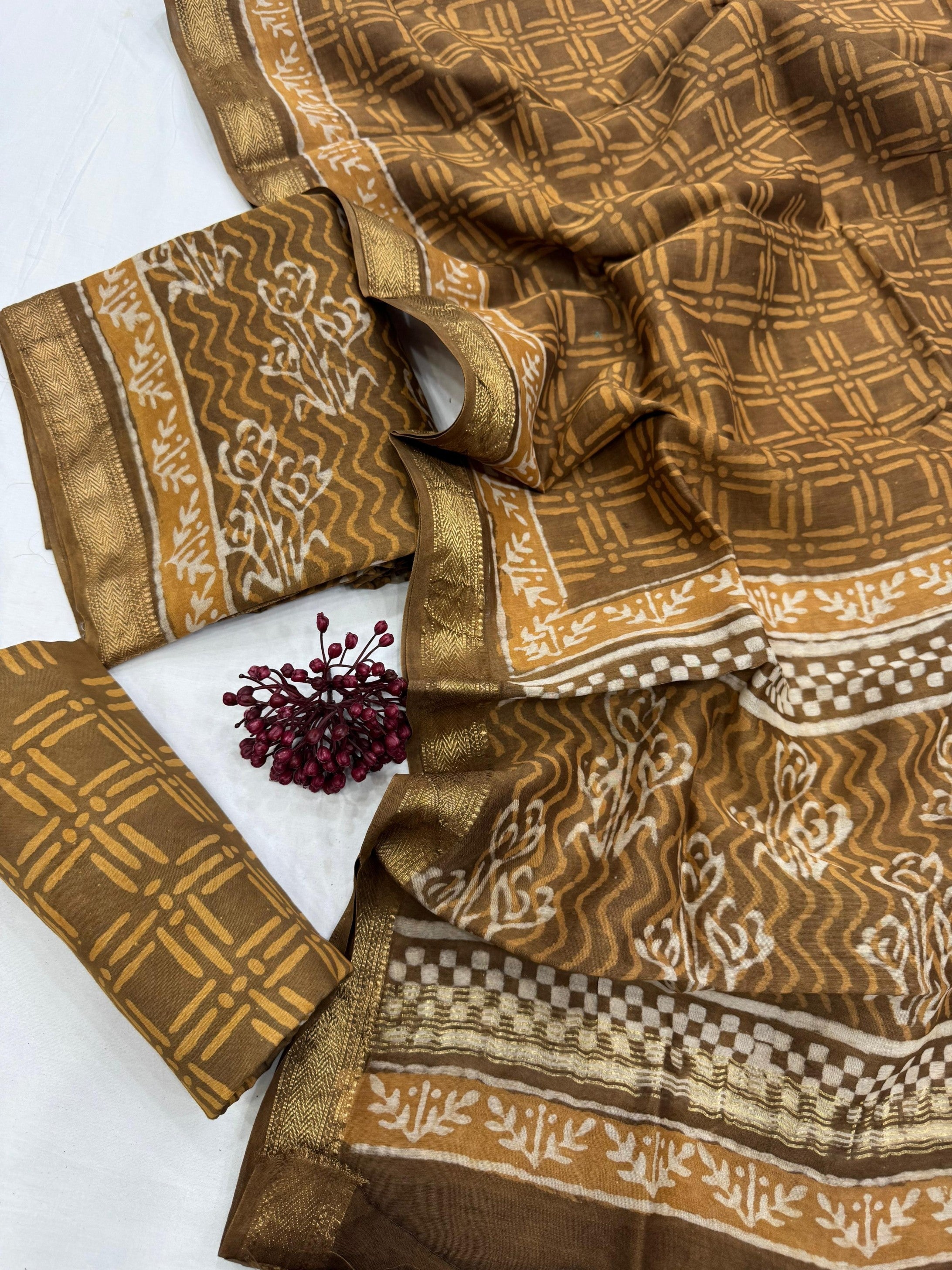 Maheshwari Silk Mustard Geometrical Design Dress Material handcrafted by Indian artisans